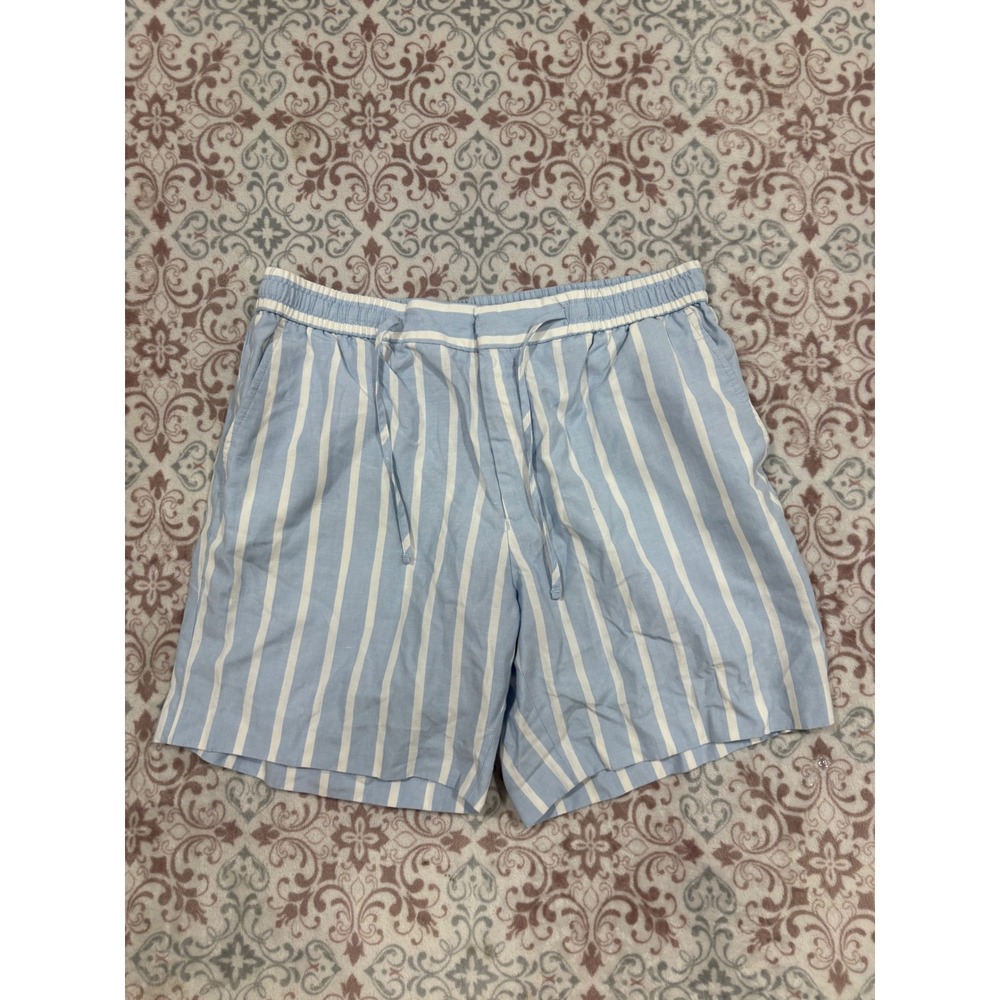 Topman Mens Blue White Striped Linen Blend Drawstring Shorts Size 36 33U19SBLE